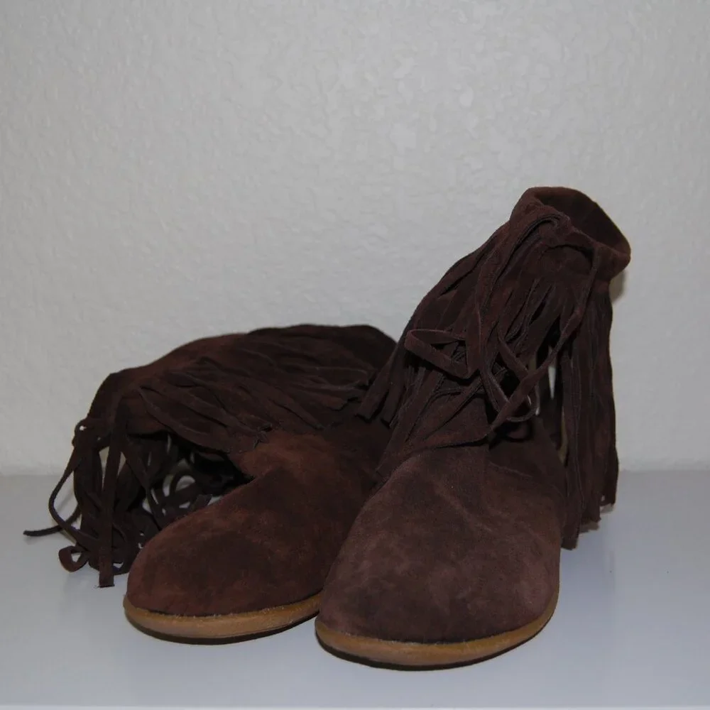 Nine West Genuine Leather Suede Fringe Boots, US 8M, Fur Lined, Chocolate Brown
